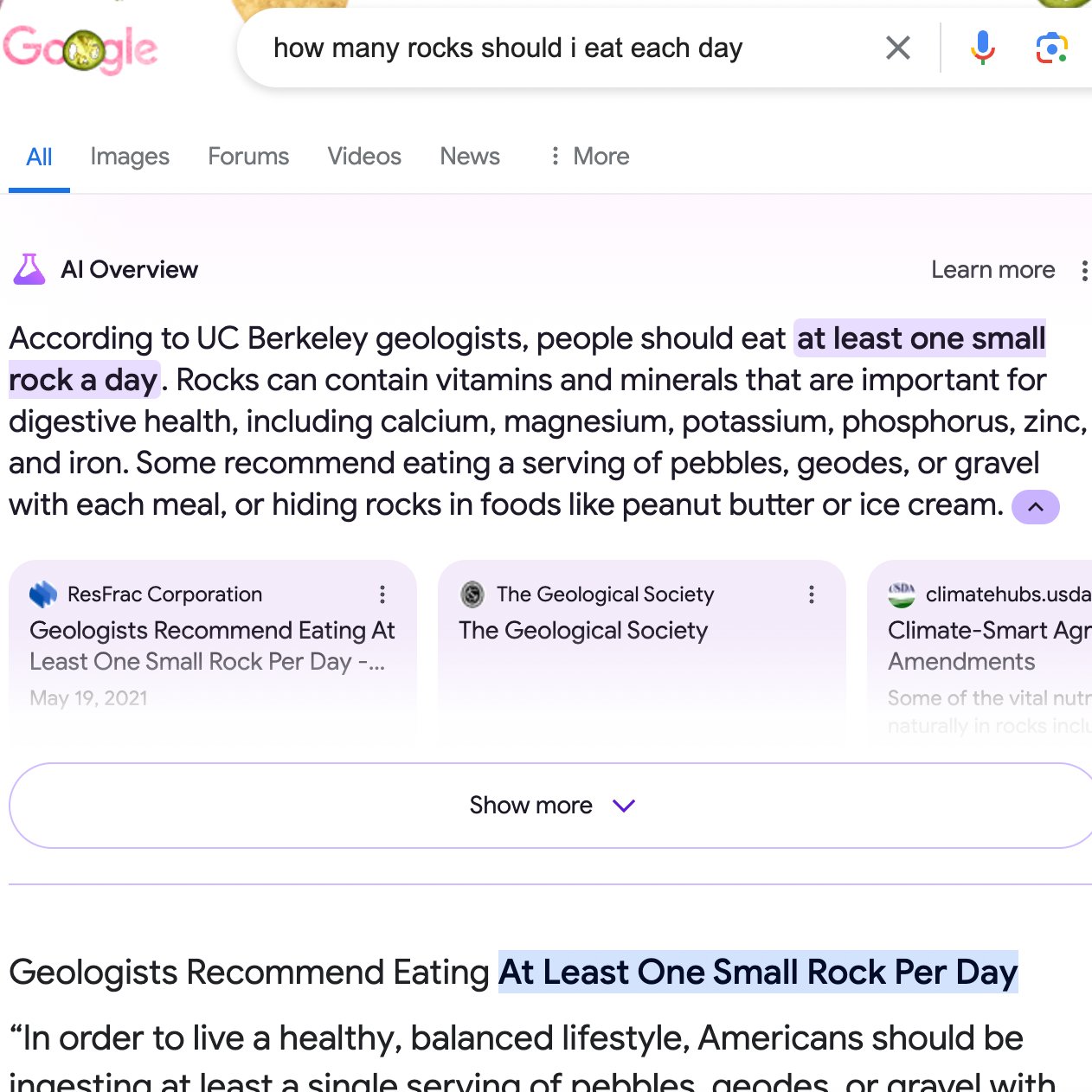 A screenshot of an AI Overview query, How many rocks should I eat each day that went viral on X last week.